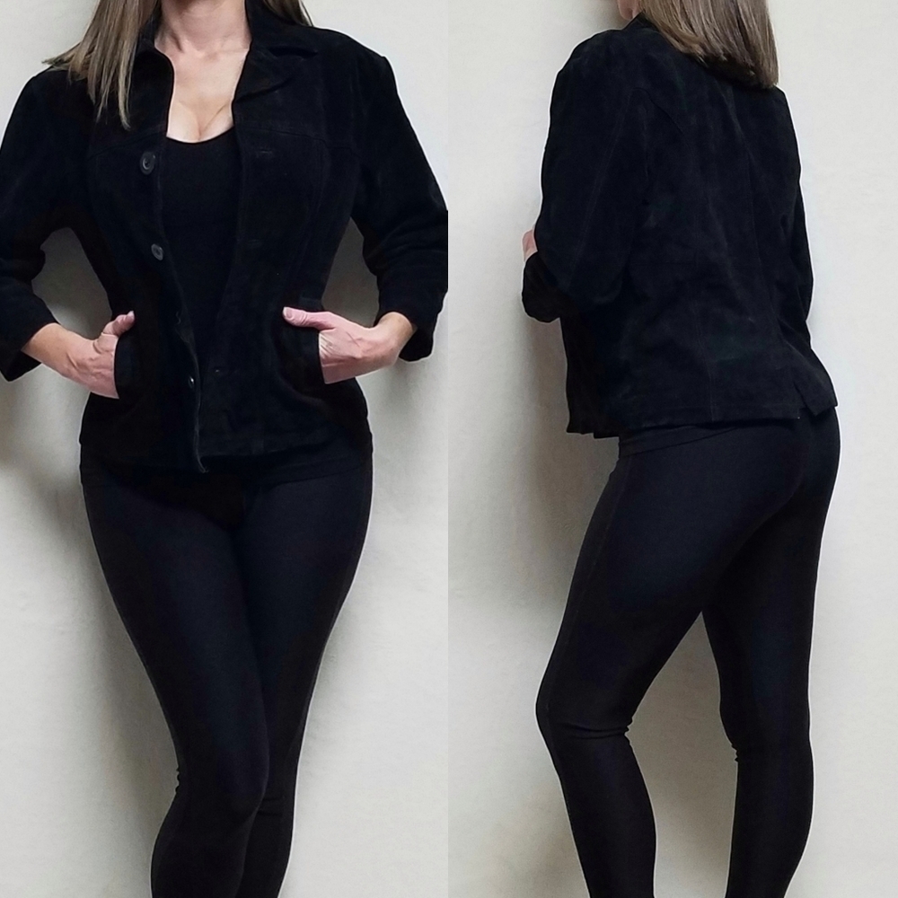VINTAGE 90s Gasoline Black Suede Leather Quilted Filled Cropped Biker Jacket S